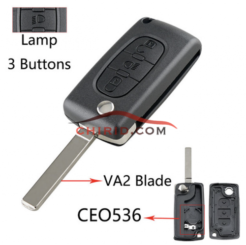 Peugeot 307 3- button  flip key shell with light button genuine factory high quality the blade is VA2 model -"VA2-SH3-Light- with battery place"