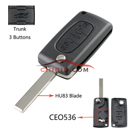 Peugeot 407 3-button  flip key shell with trunk button genuine factory high quality the blade is HU83 model -"HU83-SH3-Trunk- with battery place"