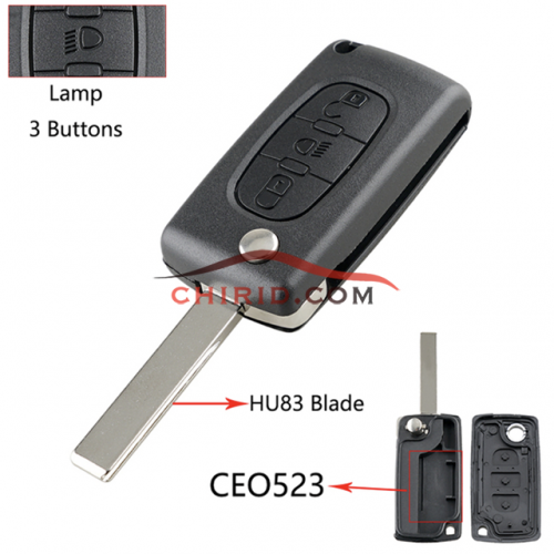 Peugeot 407 3- button  flip key shell with light button genuine factory high quality the blade is HU83 model -"HU83-SH3-Light- no battery place"