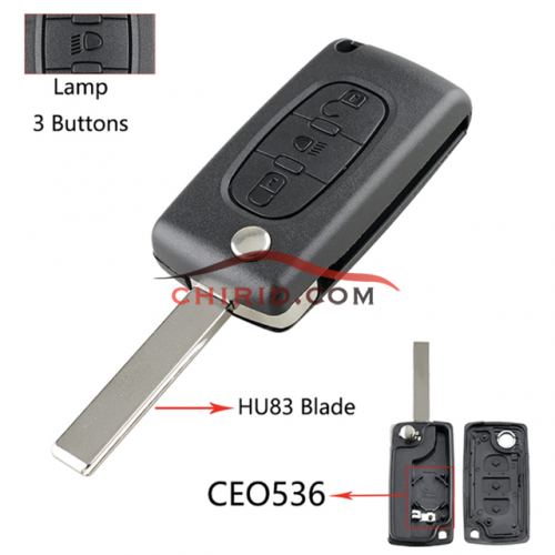 Peugeot 407 3- button  flip key shell with light button genuine factory high quality the blade is HU83 model -"HU83-SH3-Light- with battery place"