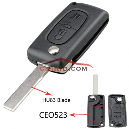 Peugeot 407 2 buttons  flip key shell with genuine factory high quality the blade is HU83 model -"HU83-SH2- no battery place"