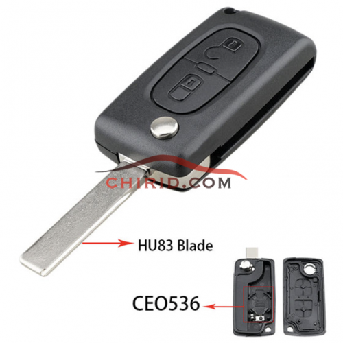 Peugeot 407 2 buttons  flip key shell with genuine factory high quality the blade is HU83 model -"HU83-SH2- with battery place"