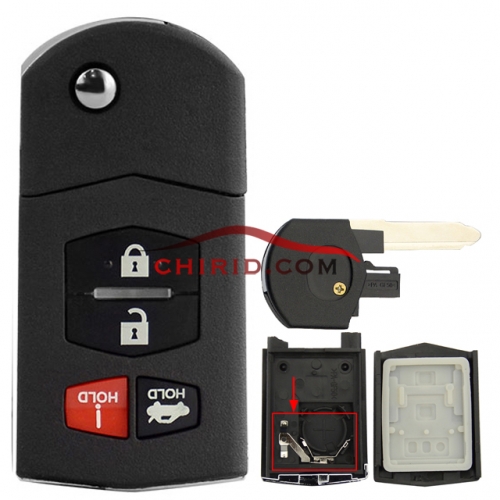 Mazda 3+1 button remote key case with T-shaped battery clamp