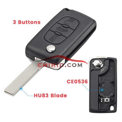 Fiat 3 buton remote key blank with battery HU83 blade