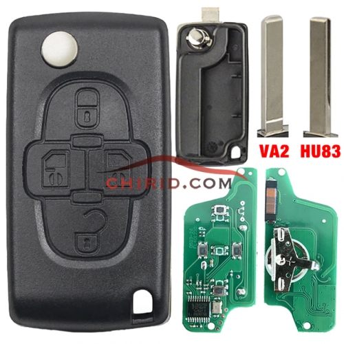 Citroen 4 Button Flip Remote Key with 433mhz  (battery on PCB) with ASK model  with 46 chip PCF7941 chip with VA2 and HU83 blade