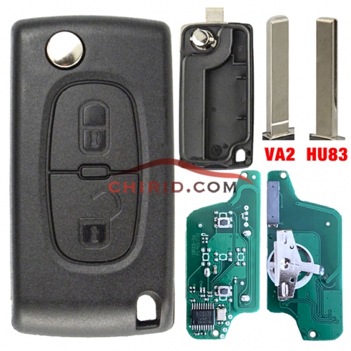 Peugeot 2 Button Flip Remote Key  433mhz (battery on PCB) FSK model  with 46 chip with VA2 and HU83 blade , please choose the key blade