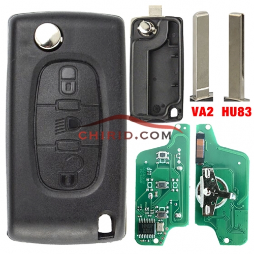 Citroen 3 Button Flip Remote Key 434mhz (battery on PCB) with 46 chip FSK model  with VA2 and HU83 blade,  light button , please choose the key blade