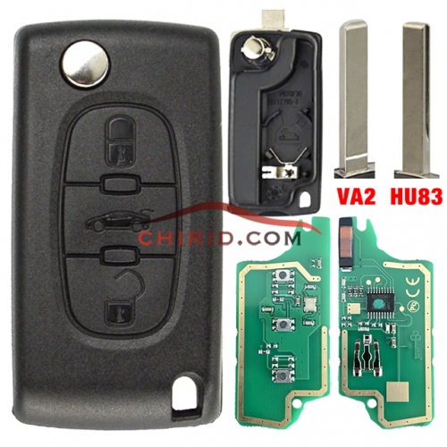 Citroen 3 Button Flip Remote Key with 46 chip PCF7961 chip FSK model  with VA2 and HU83 blade, trunk button , please choose the key blade