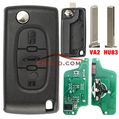 Peugeot 3 Button Flip Remote Key 434mhz (battery on PCB) with 46 PCF7941 chip FSK model  with VA2 and HU83 blade, trunk button , please choose the key