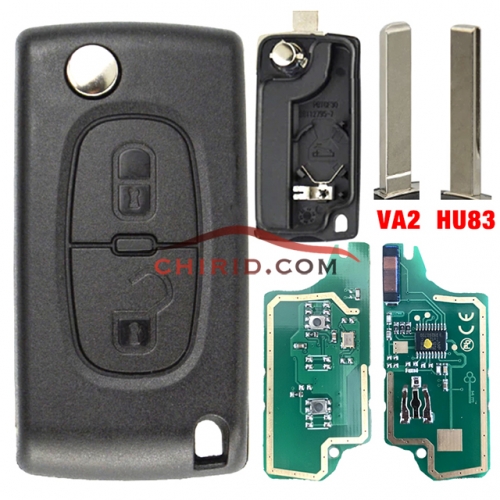 Peugeot 2 Button Flip  Remote Key with 46 chip PCF7961 FSK model  with VA2 and HU83 blade , please choose the key shell