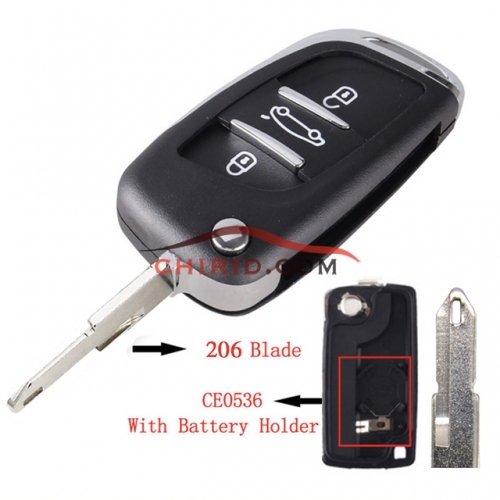 modified  Peugeot replacement key shell with 3 button with 206 blade with battery clamp
