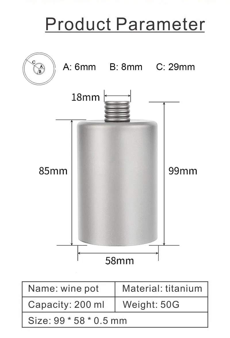 200ml Titanium Portable Flagon Wine Pot, Pocket Flask Wine Bottle for Outdoor Camping