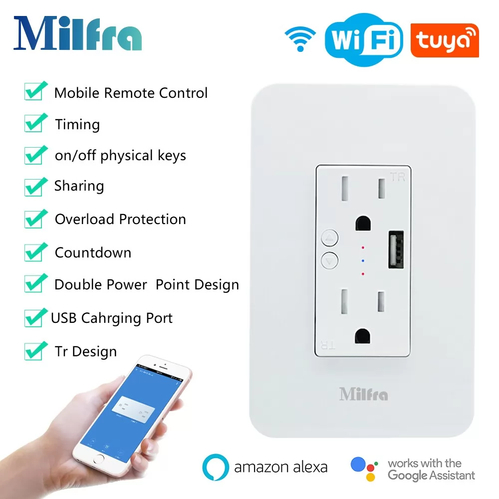 Milfra US Smart Wi-Fi Duplex TR Receptacle with 2.1A USB charge  port,Recessed Socket Wireless Wall Outlet Control by Smart Life