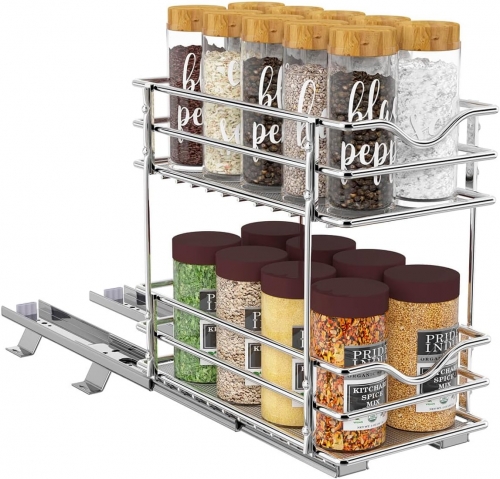 2 Tier Pull Out Spice Rack Organizer（8.3"W x 10"D x 9"H） for Cabinet, Slide Out Seasoning Organizer Fits Spices, Sauces, Cans etc