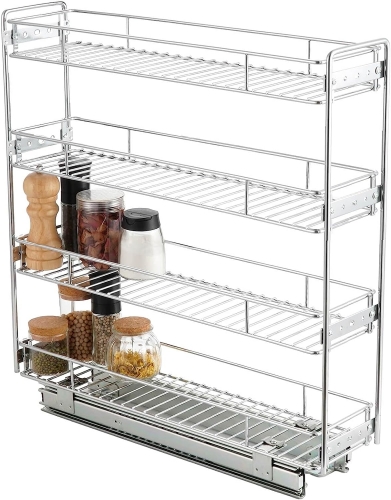 OCG 4-Tier Pull Out Kitchen Cabinet Spice Rack Holder Shelves (5" W x 21" D), Slide Out Slim Storage Wire Baskets for Storage Organization, Narrow Pul