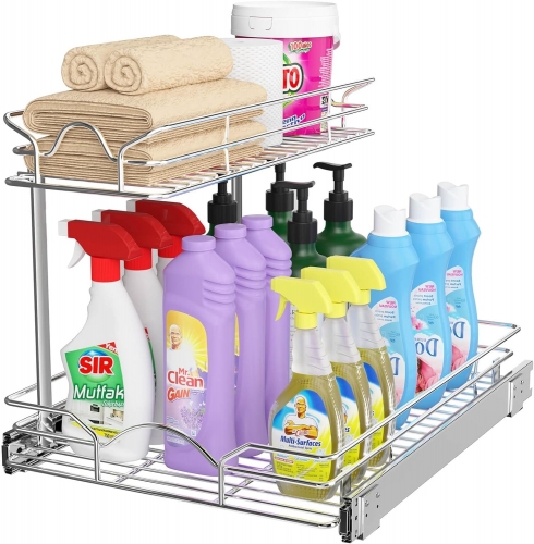 OCG Under Sink Cabinet Organizer Two Tier Pull Out Shelf (14.75W x 17D), Under Sink Sliding Shelf for Kitchen Bathroom Cabinet 2 Tier Chrome