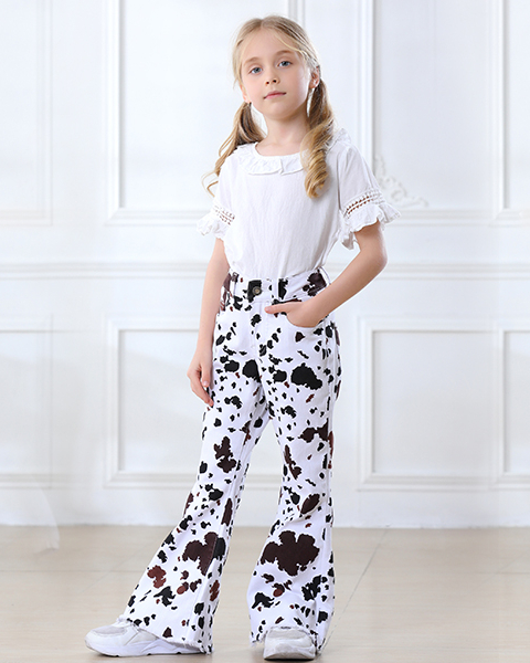 YXLUOKY Girls Cow Print Flare Pants High Waisted Stretch 70s Bell