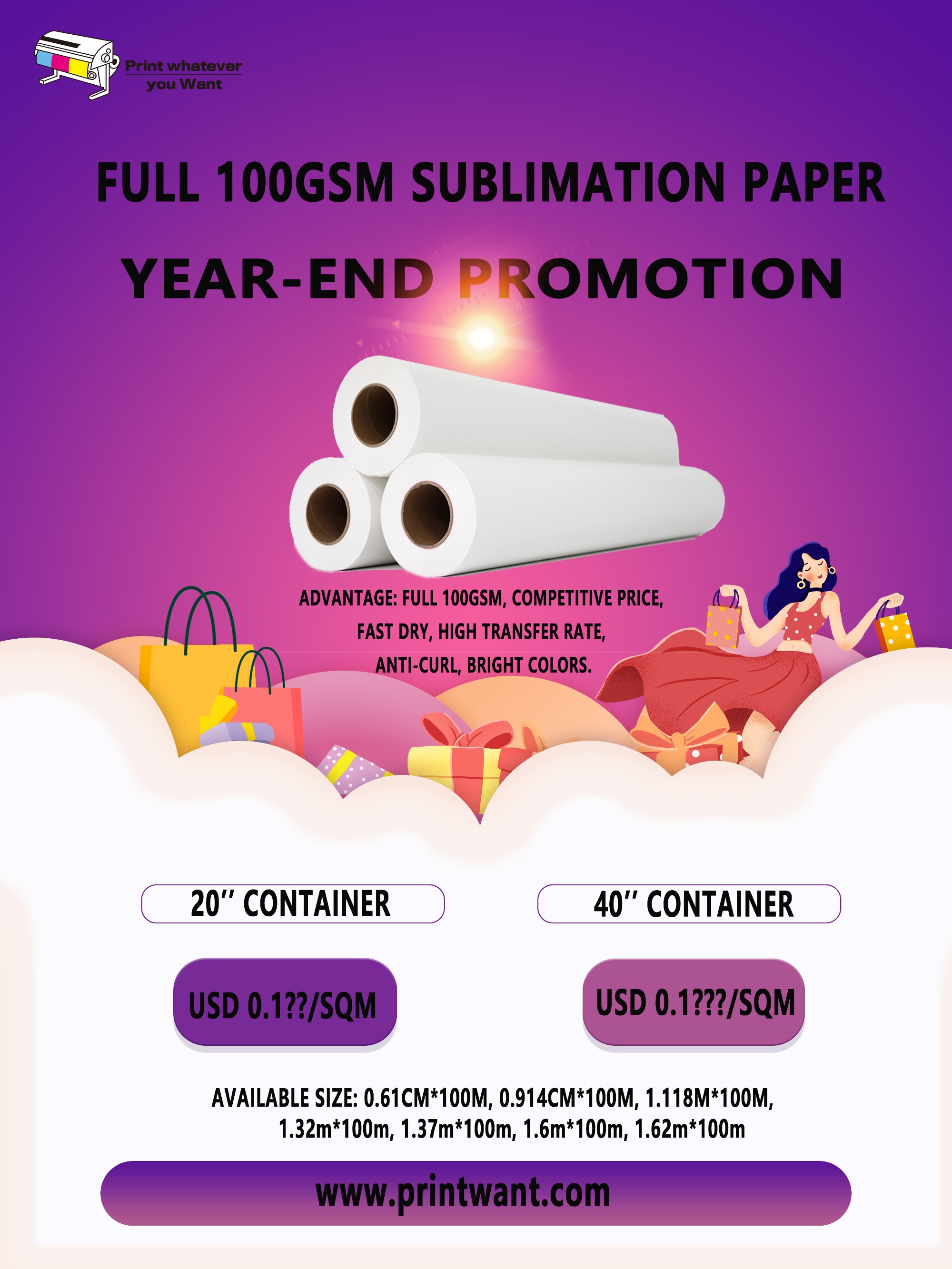 PrintWant 2022 Grande promotion pour le papier de sublimation complet de 100 gsm