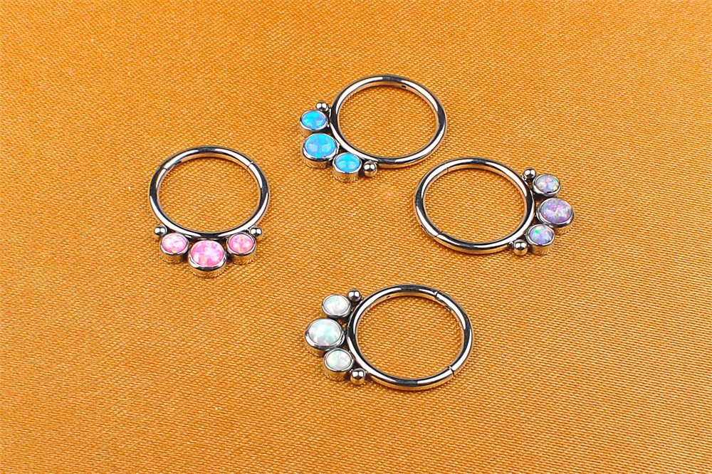 Body Jewls ASTM F136 Titanium Hinged Segments Body Piercing Rings With Three Opal Gems and Two Small Balls ASTM F136-W21