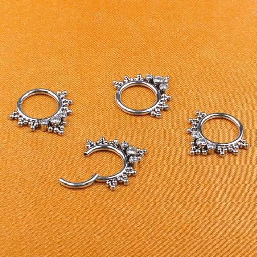 ASTM-F136 Titanium  ear piercing jewelry CZ Pave Face With 3 CZ and 23 CZ Balls Blaze Set Side Hinged Segment Rings Hoop--w27