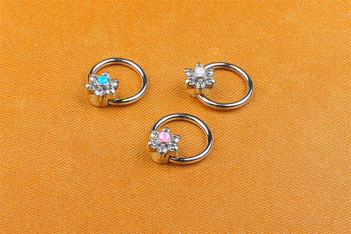 Piercing Jewelry Ring ASTM F136 Titanium Captive Bead Ring CBR with Bezel Set 6 Petal Cabochon White Blue Color Opal Flower ASTM F136-W10