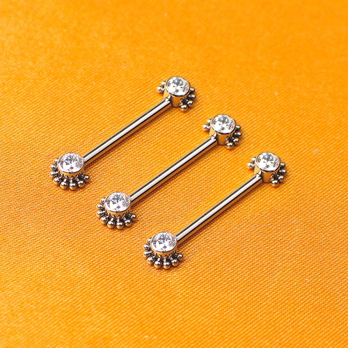 ASTM F136 Titanium Body Piercing jewelry Flower With Center CZ And Surrounding Ball Cluster Internally Threaded Nipple Barbell-W104