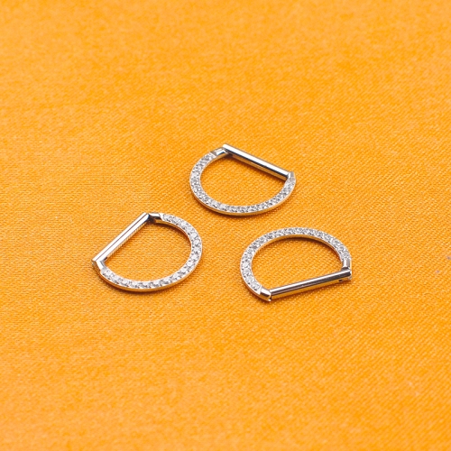 ASTM F136 Titanium Zircon Paved D Shaped Nose Clicker Nose Ring-W109