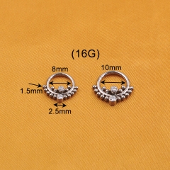 16G 1.2MM ASTM F136 Titanium Outer Balls CZ center Bezel Set Hinged Segment Hoop Rings Body Jewelry--W163