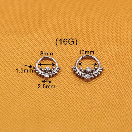 16G 1.2MM ASTM F136 Titanium Outer Balls CZ center Bezel Set Hinged Segment Hoop Rings Body Jewelry--W163