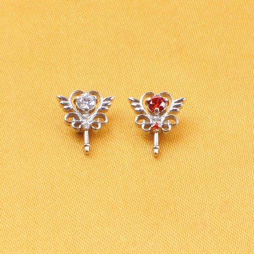 Cute Angel Wing Earrings Anti-allergy ASTM-F136 titanium Jewelry a Piercing Pierces Through the Heart White and Red Zircon--P501