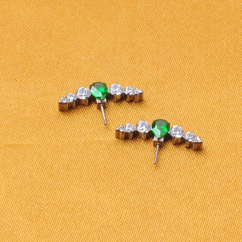 High Quality Titanium Push-In 7 Prong Set Asscher Cut Zircon Stone Earrings With one peacock Green Gemstone Threadless Body Jewelry--T38
