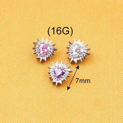 Internally Threaded Implant Grade ASTM-F136 Titanium Wholesale Price Heart Prickly white Zircon Shield Earrings Labret Piercing Jewelry-P239