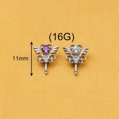 Cute Angel Wing Earrings Anti-allergy ASTM-F136 titanium Jewelry a Piercing Pierces Through the Heart White and Red Zircon--P501