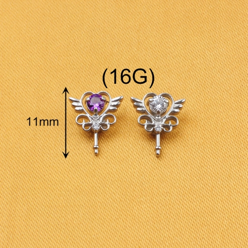 Cute Angel Wing Earrings Anti-allergy ASTM-F136 titanium Jewelry a Piercing Pierces Through the Heart White and Red Zircon--P501