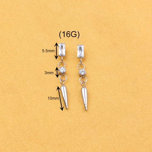 Square CZ Spike Dangle Earrings Internally Threaded Cartilage Charm Daith Piercing Flat Back Fashion Body Waterproof Jewelry--P600