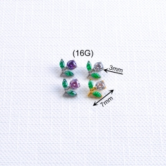 Customized ASTM-F136 Titanium Piercing Jewelry Cute Korean Floral Earrings Wholesale Fashion Fine Stud Green zircon leaf Daith Flower Earrings for Wom