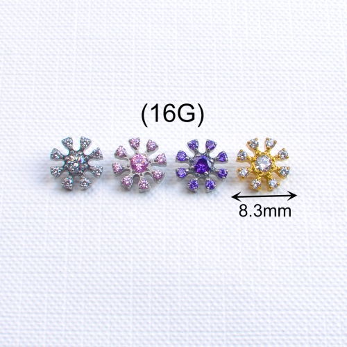 Astm F136 Titanium Stud Earring 16G Flower Labret Helix Piercing Zircon CZ Internal Thread Flat Back Stud Body Jewelry Women--P628