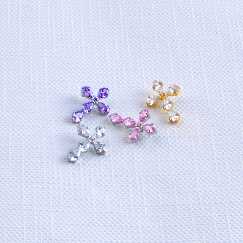 Internally Threaded ASTM F136 Titanium Piercing Jewelry CZ Baguette Cut Cross Labret Flat Back Stud Helix Earring--P638