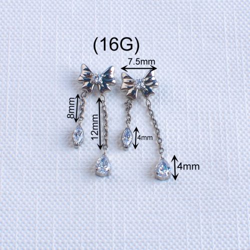 ASTM-F136 titanium chain Rhinestone-embellished bow tie Heart CZ Flat Back Threaded Cartilage Stud Piercing Drop Earring Women Lady-P659