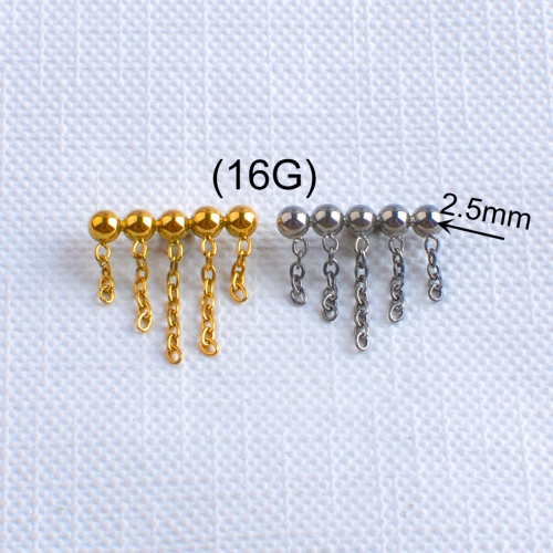 Five Ball Cross Chain Tassel Ear Piercing Jewelry ASTM F136 Titanium Threaded Cartilage Helix Tragus Conch Shiny Daily Wear--P385