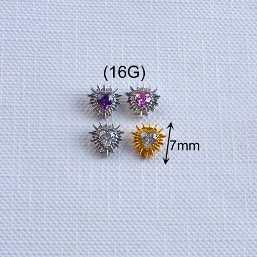 Internally Threaded Implant Grade ASTM-F136 Titanium Wholesale Price Heart Prickly white Zircon Shield Earrings Labret Piercing Jewelry-P239