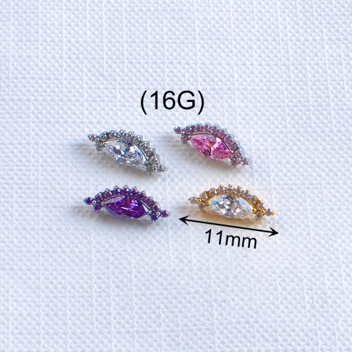 F136 Titanium Internal Thread Lip Stud Three Color Ear Bone Stud Cartilage Piercing Earring with Zircon Body Piercing Jewelry--P661