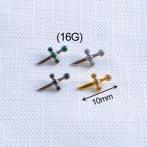 ASTM-F136 titanium New Style Body Jewelry Small Pattern Pointy Cross sword Shape Lip Nails with High quality Zircon Stone--P407