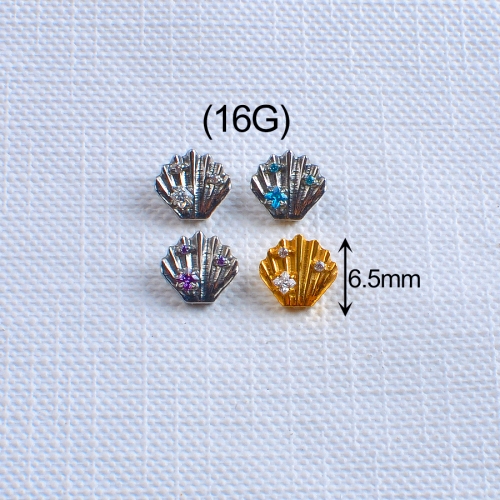 Summer Holiday Shell-Shaped 16G Earrings With Zircon ASTM-136 Titanium jewelry Texture Stripes Stud Earrings for Ladies Gift --P568