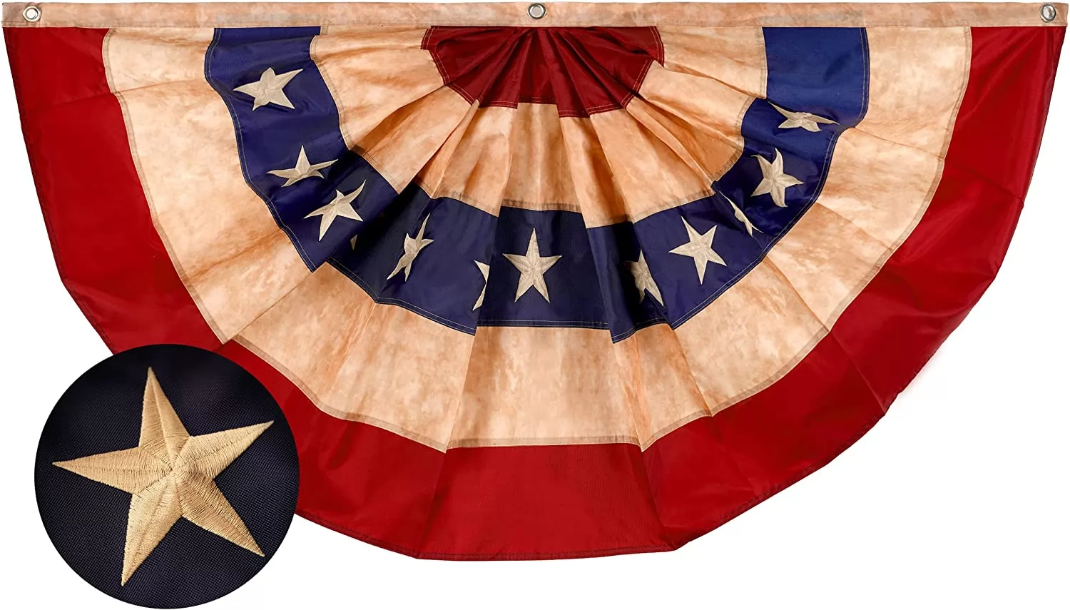 Vintage Style Tea Stained USA Pleated Fan Flag 3×6 Foot