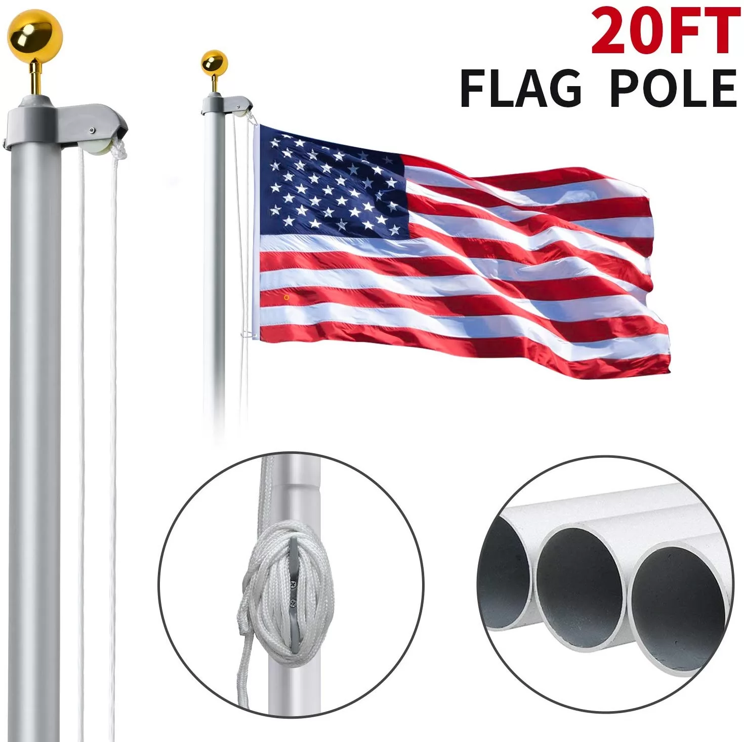20ft Aluminum Sectional Flagpole Kit 3'x5' US American Flag Gold Ball Kit Hardware Outdoor Garden Halyard Pole