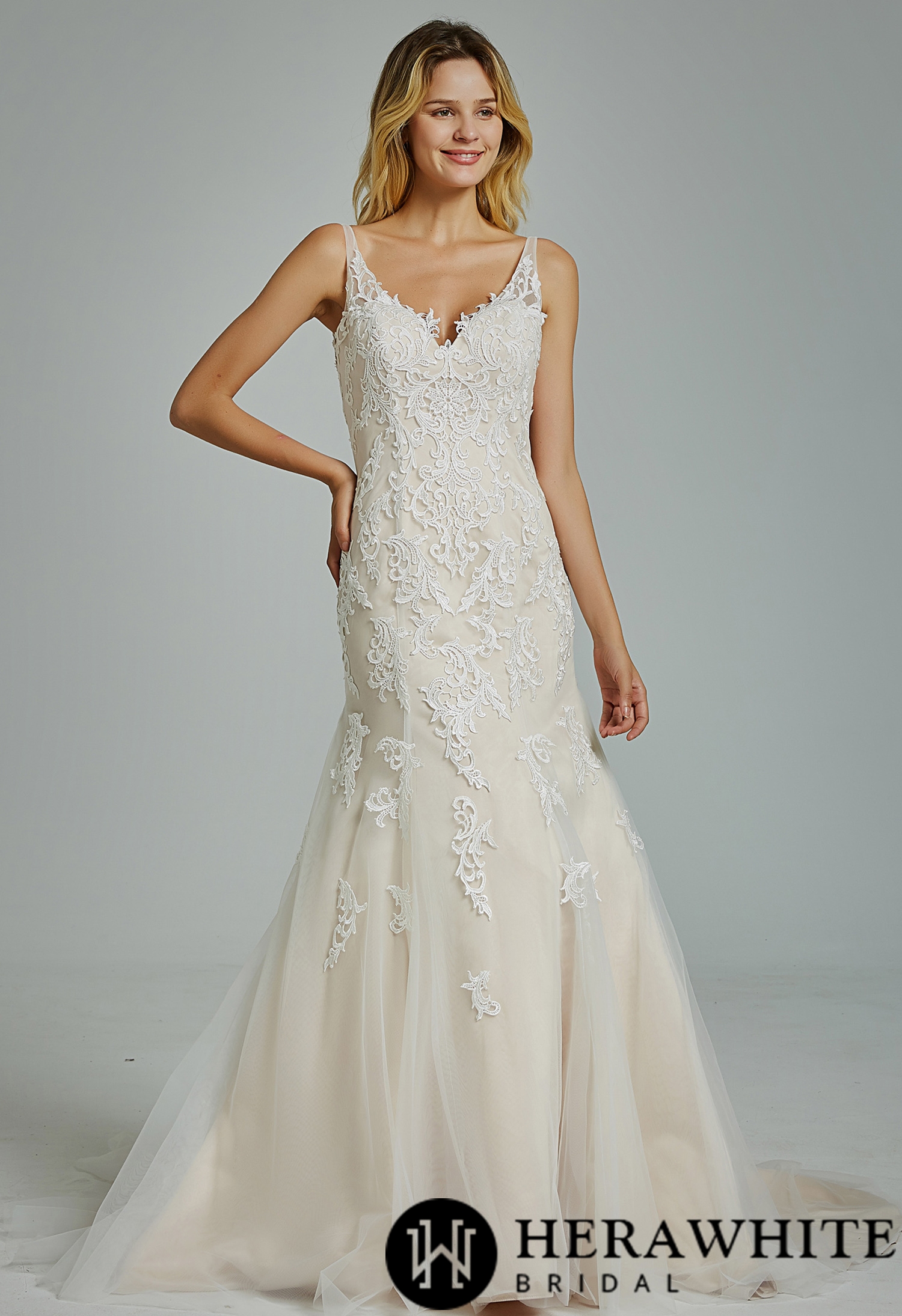 Gorgeous Appliques V Neck Fit And Flare Wedding Dress