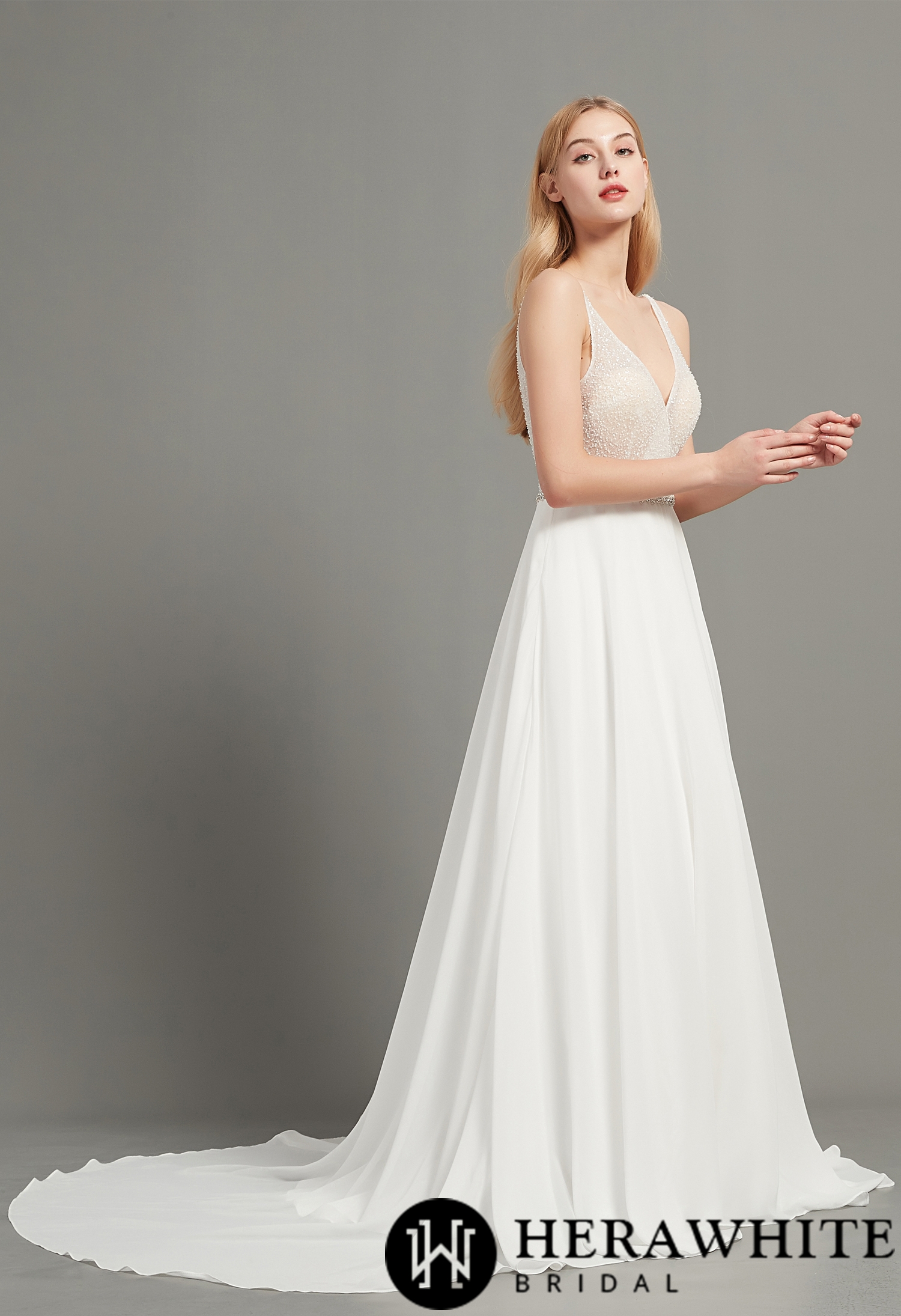Crystal and beading V Neck Aline Chiffon Wedding Dress