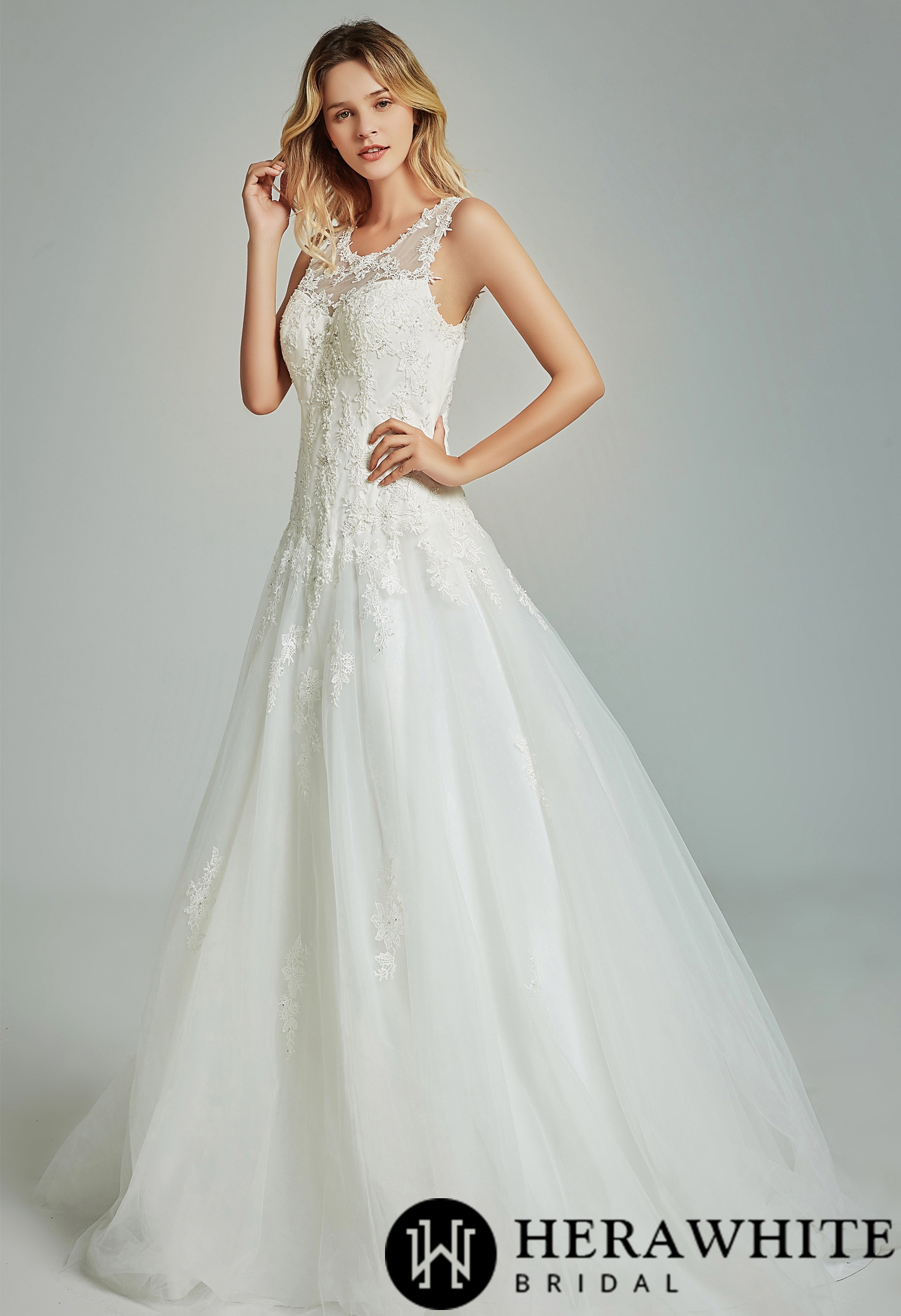 Elegant A-Line Appliques Sheer Back Wedding Dress