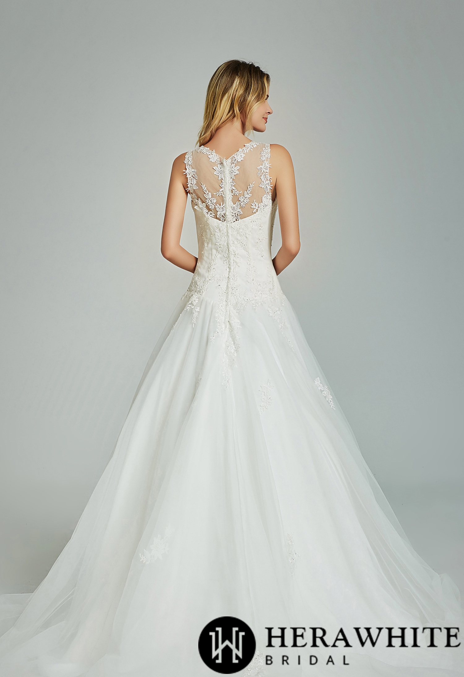 Elegant A-Line Appliques Sheer Back Wedding Dress